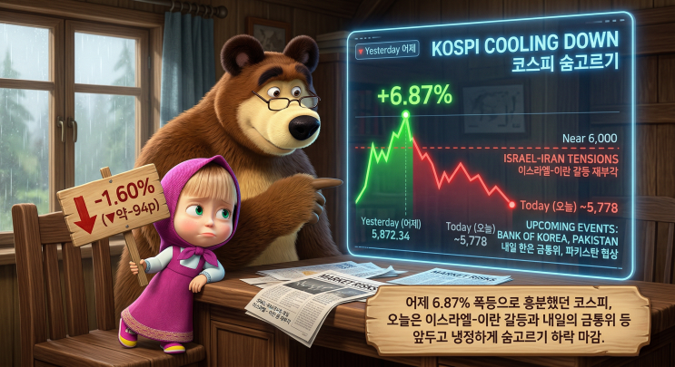   2026년 4월 9일(목) 국내 증시 마감 브리핑 | 어제 +6.87% 폭등 다음 날 -1.6% 숨고르기 · 이스라엘-이란 재갈등 · 내일 한은 금통위 관망