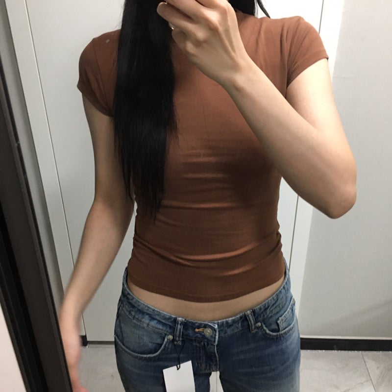 [ZARA] 자라 슬림핏 반소매 티셔츠_브라운
