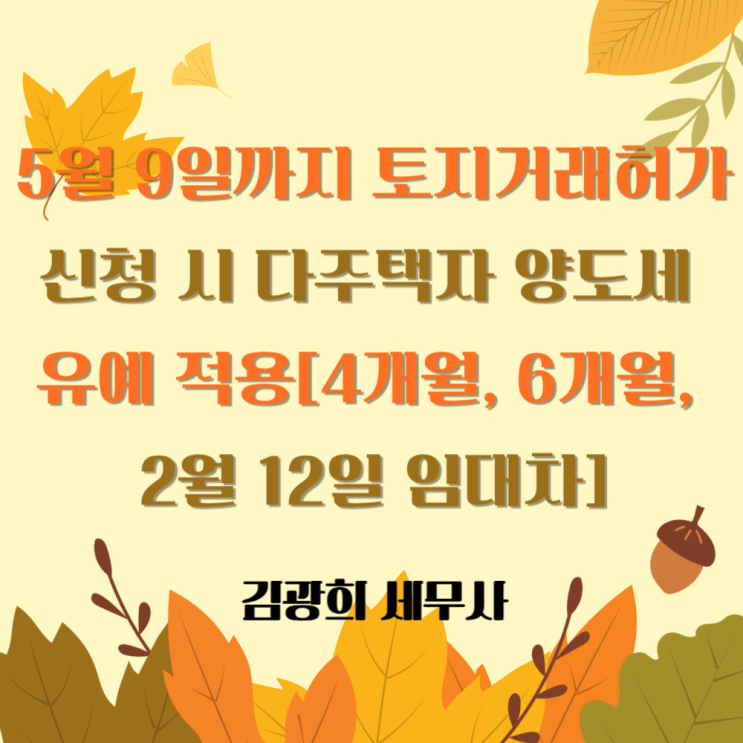  5월 9일까지 토지거래허가 신청 시 다주택자 양도세 유예 적용[4개월, 6개월, 2월 12일 임대차]