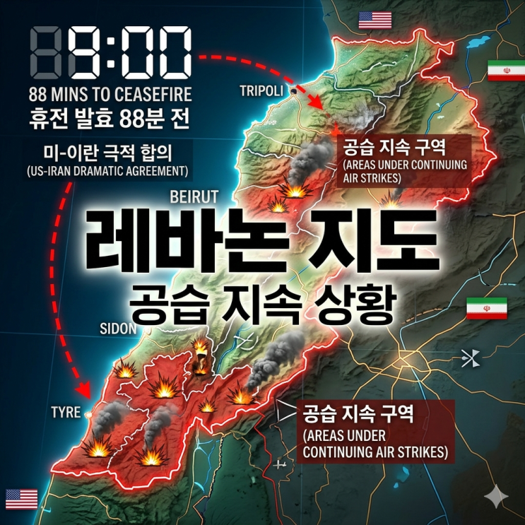<b>레바논</b> 지도, 미-이란 휴전 88분 전 극적 합의와 <b>공습</b> 지속... 