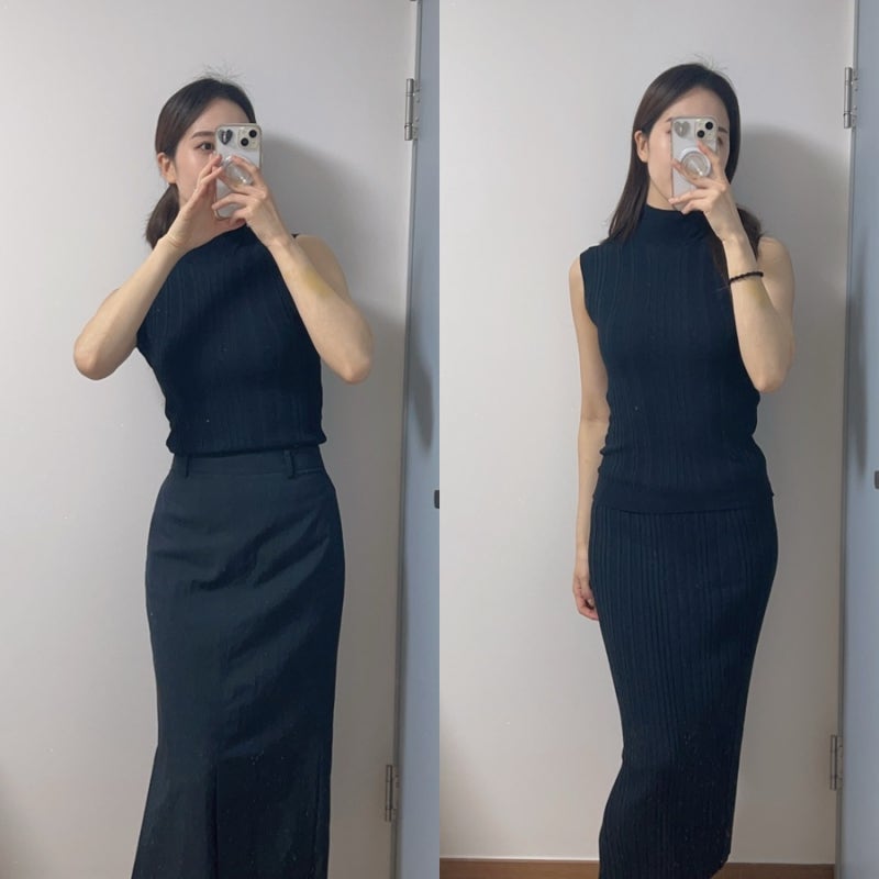 Sie 시에 | 아밀라 슬릿 스커트  네이비 스탠다드s | 보브 리브드 슬리브리스, 보브 리브드 스....