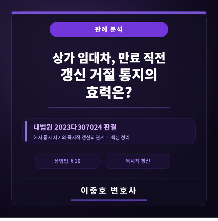  상가 임대차, 계약 만료 직전 갱신 거절 통지(해지 통지) 효력은? - 대법원 2023다307024 판결