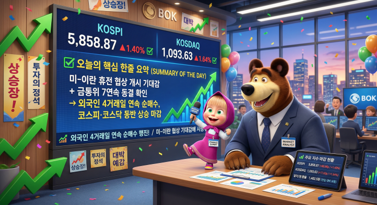   [2026.04.10 증시 마감 브리핑] 코스피 5,858 마감 — 휴전 기대·금통위 동결로 외국인 1.1조 순매수 랠리