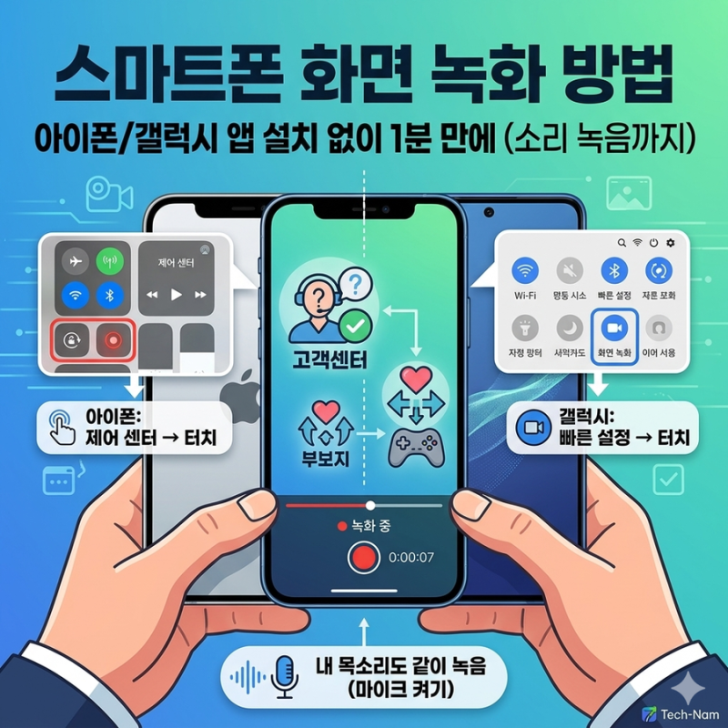 스마트폰 화면 녹화 방법 | 아이폰/갤럭시 앱 설치 없이 1분 만에 (소리 녹음까지)
