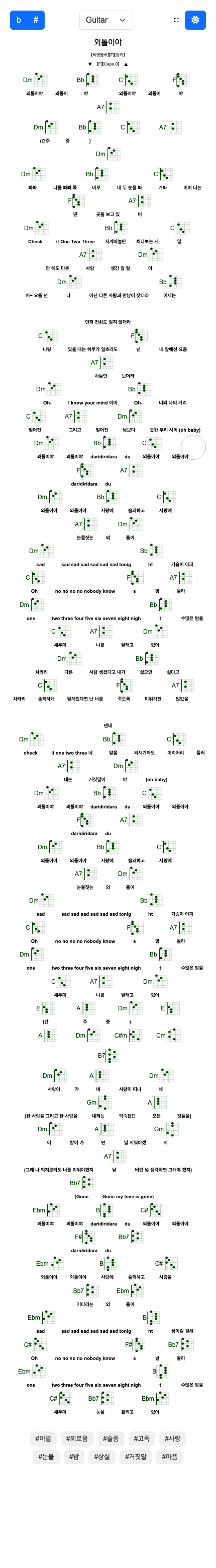 [씨엔블루] 외톨이야 (기타/우쿨렐레 코드악보)