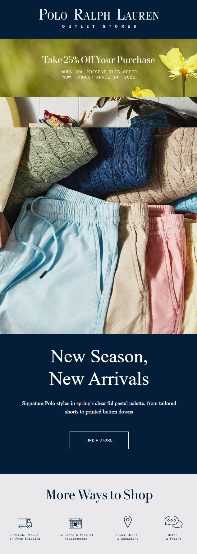  폴로 아울렛(아웃렛) 25%할인 쿠폰 공유(Polo Factory Stores 25% off)캐나다 및 미국(하와이 가능), 2026년4월14일까지