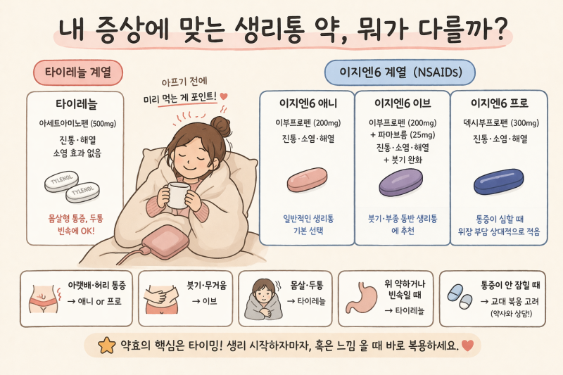 생리통약 이지엔식스애니 VS 이브 VS 프로 차이점 비교 총정리 (feat.타이레놀)