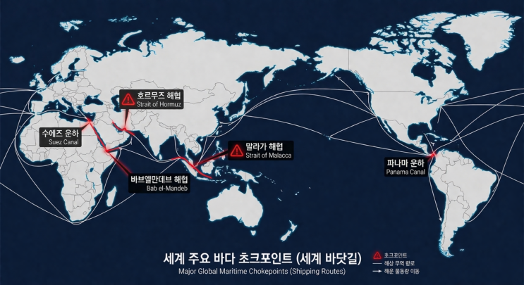 호르무즈가 막히면 한국이 멈춘다 — 세계 바닷길 초크포인트 완전 정리 (2026 미·이란 전쟁 현황)