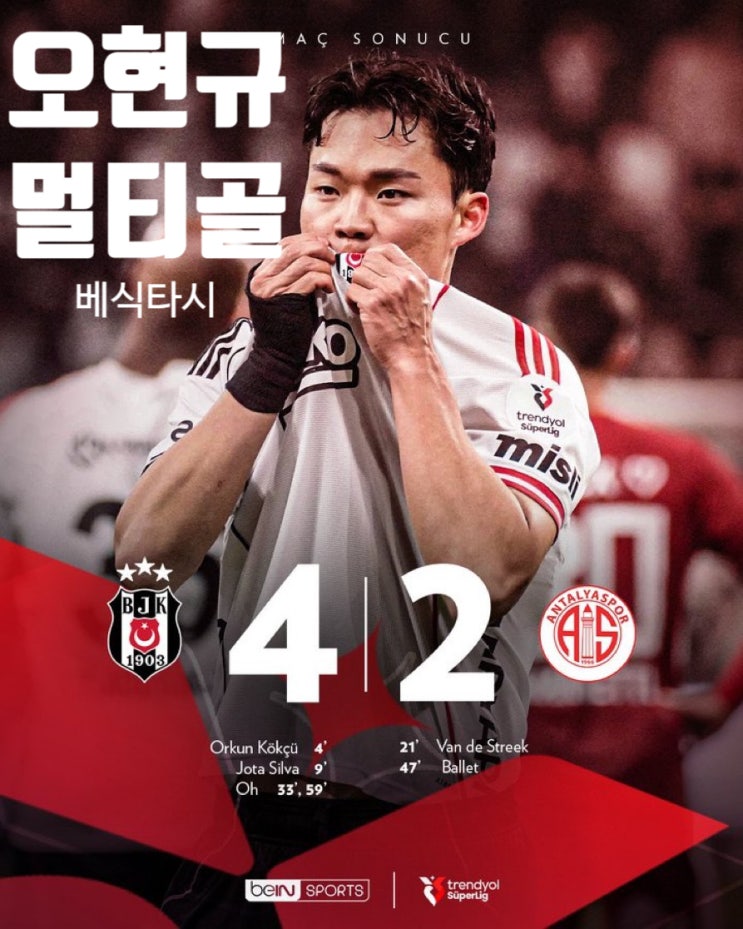  오현규 33분·59분 멀티골 · 안탈리아스포르 쳐발림 · 베식타스 4-2 완승 (ft..현규 댄스타임)