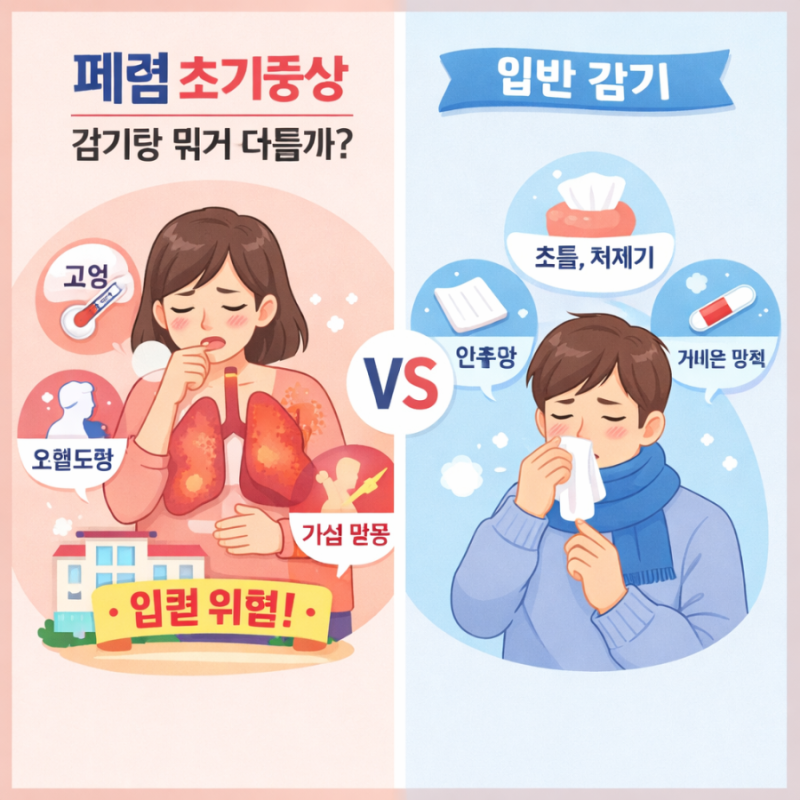 폐렴 초기증상, 감기와 다른점, 폐렴위험신호, 폐렴은 무조건입원?외래진료가능한가? 폐렴입....