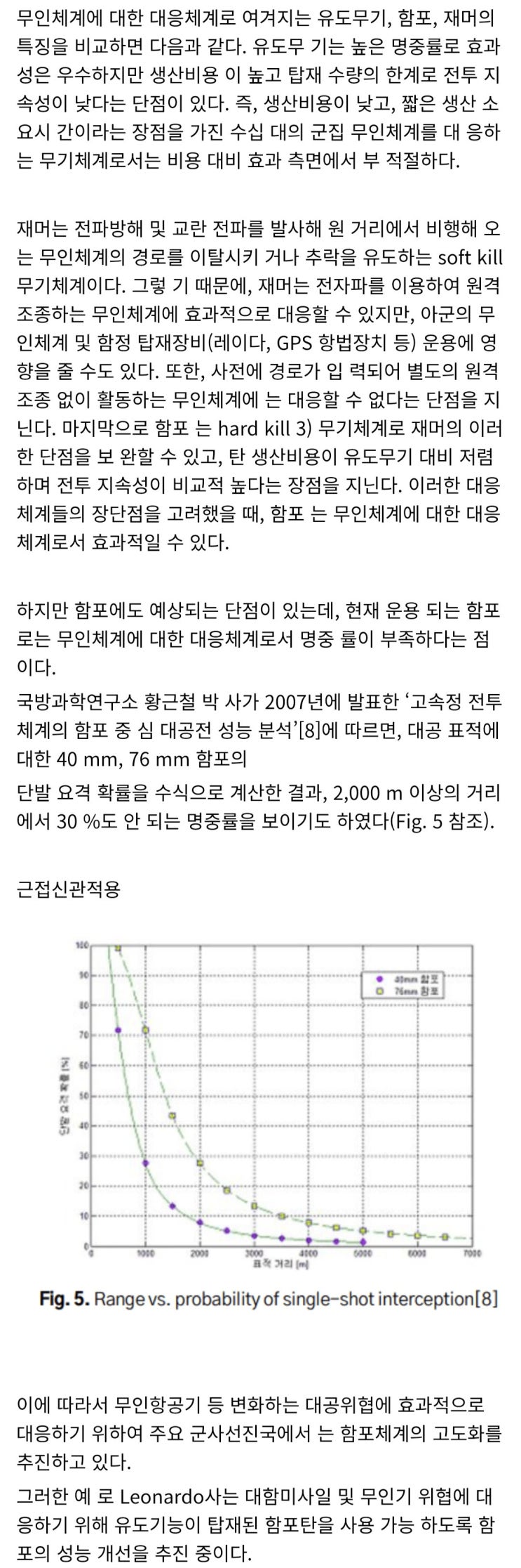  40mm, 76mm 함포의 사거리에따른 명중률