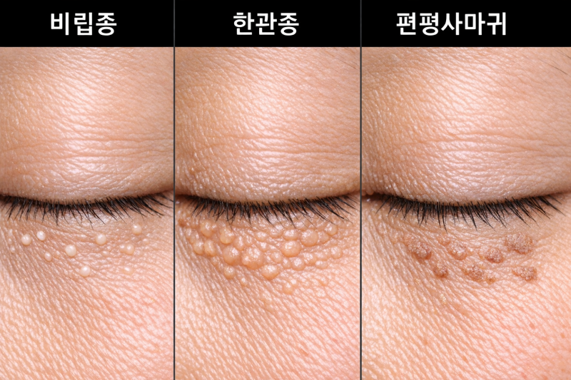 눈 밑 좁쌀 원인 총정리 비립종 한관종 편평사마귀 차이점