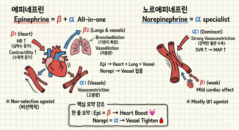 심장이냐 혈관이냐? 에피네프린 vs 노르에피네프린 완벽 비교 (응급/ICU 실무자 필독)