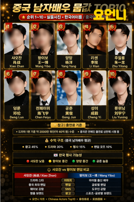 요언니  “중국 남자<b>배우 몸값</b> TOP10 전격 해부!”  샤오잔 vs... 