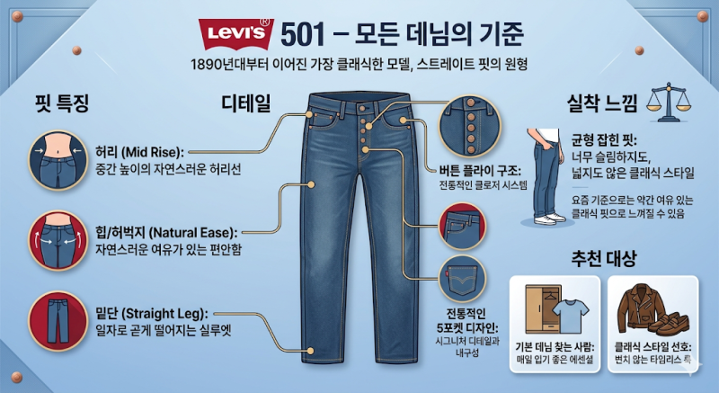 리바이스 501Levi's 505 517 555 568 578 핏 완벽 비교 핏 실루엣 선택 기준 총정리
