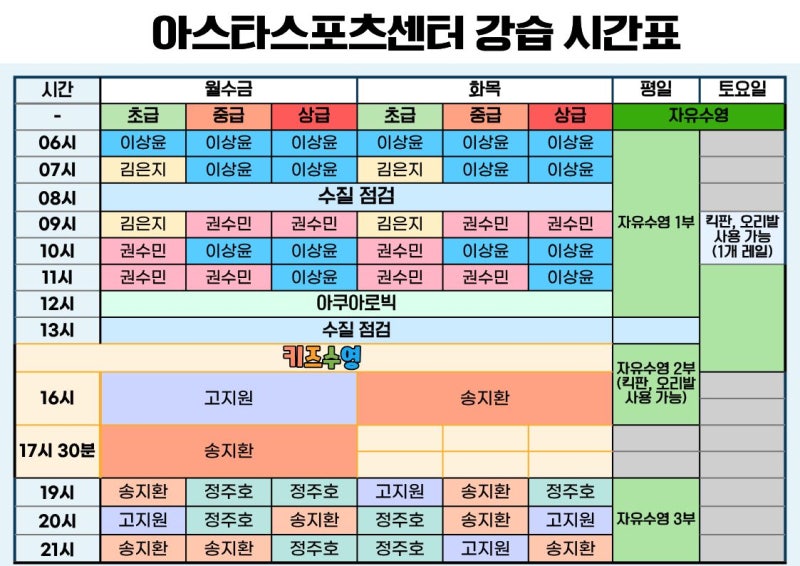 [김포 구래동 수영장] 아스타스포츠센터 전체 시간표