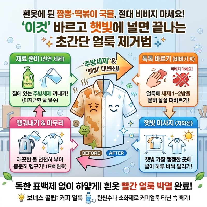 흰옷에 튄 짬뽕·떡볶이 국물, 절대 비비지 마세요! '이것' 바르고 햇빛에 널면 끝나는 초간단....