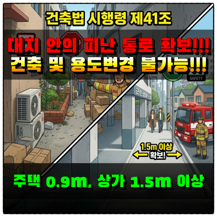  대지 안의 피난 통로 확보 규정 (건축 및 용도변경 불가능)