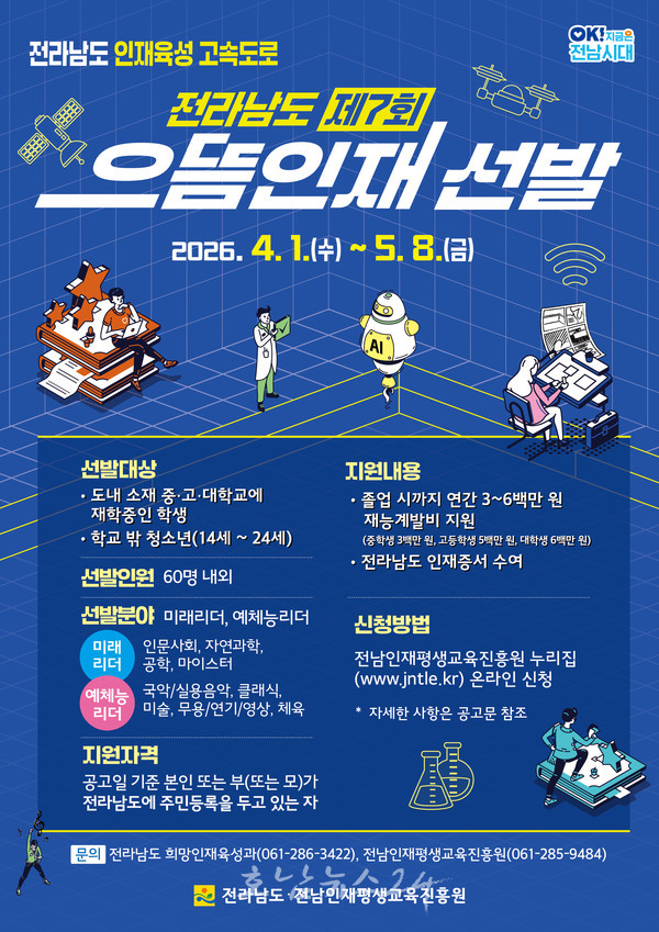  ‘제7회 전라남도 으뜸인재 선발’ 참여자 60명 공모…최대 600만 원 지원