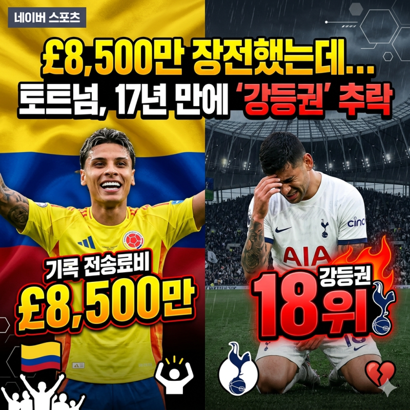 17년 만의 18위 강등권 추락! 토트넘 £8500만 영입설과 손흥민 SNS 반응의 진실