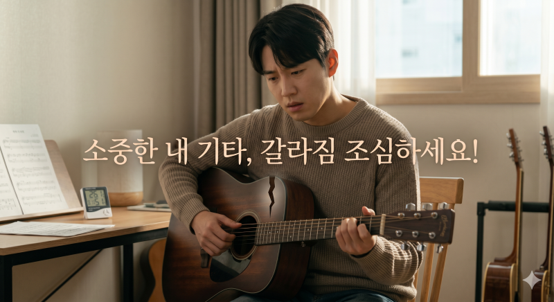 [통기타 관리법] 나무가 쩍! 기타 갈라짐 막는 계절별 습도 관리 꿀팁 (댐핏, 제습제 사용법)