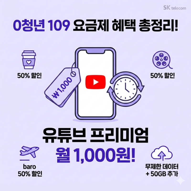 [SKT 요금제 추천] 0청년 109 혜택 총정리! 유튜브 프리미엄을 1,000원에 이용하는 법