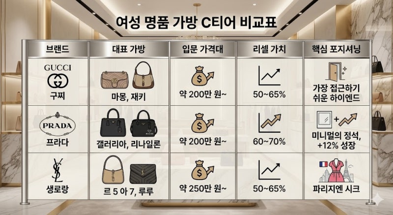 여성 명품 가방 계급 C티어 | 구찌·프라다·생로랑 — 명품의 세계로 들어가는 첫 번째 문