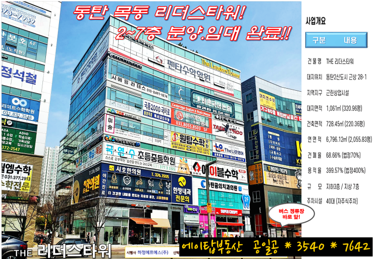  동탄 목동 항아리상권 리더스타워 1층 마지막 2실 상가 분양. 임대