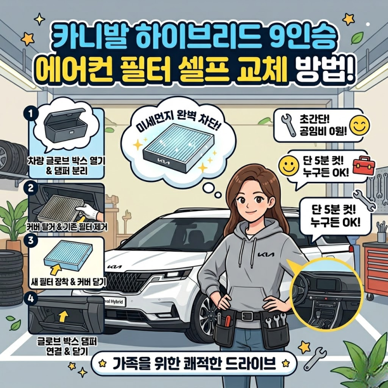 카니발 하이브리드 9인승 에어컨 필터 셀프 교체 방법 (공임비 0원, 5분 컷!)