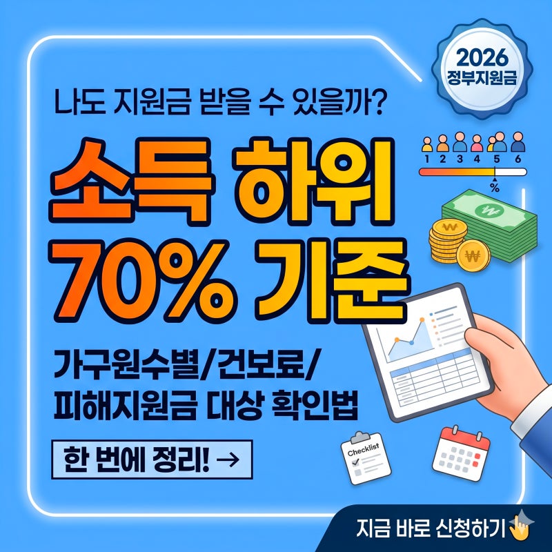 2026 소득 하위 70% 기준 금액, 건강보험료, 맞벌이, 3인 가구, 기준 중위소득 차이 (고유가 피해....