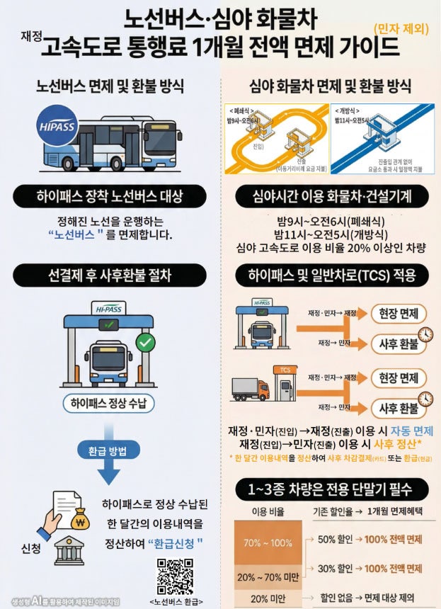  노선버스·심야화물차 고속도로 통행료 한 달간 전액 면제! "민생 물가 잡는다"