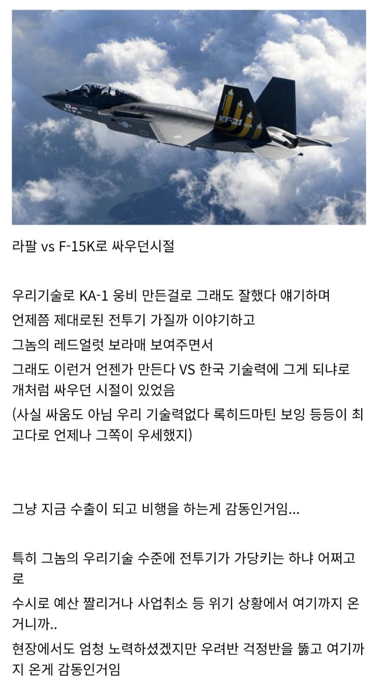  T-50이 국제적으로 팔리고, KF-21 양산직후 비행한게 감동이라는 군갤러리