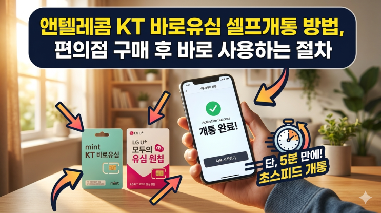  앤텔레콤 KT 바로유심 셀프개통 방법, 편의점 구매 후 바로 사용하는 절차