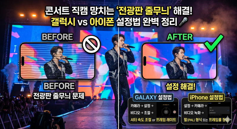 콘서트 직캠 망치는 '전광판 줄무늬' 해결! 갤럭시 vs 아이폰 설정법 완벽 정리