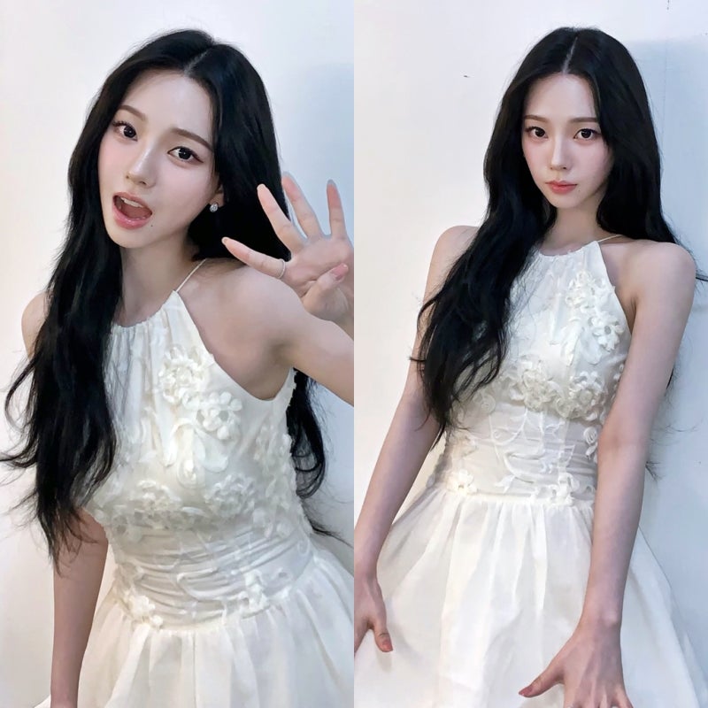 에스파 카리나 패션, 롱 웨이브 헤어 신스덴(SYNSDEN) 아이보리 벌룬 미니원피스 생일룩 코디