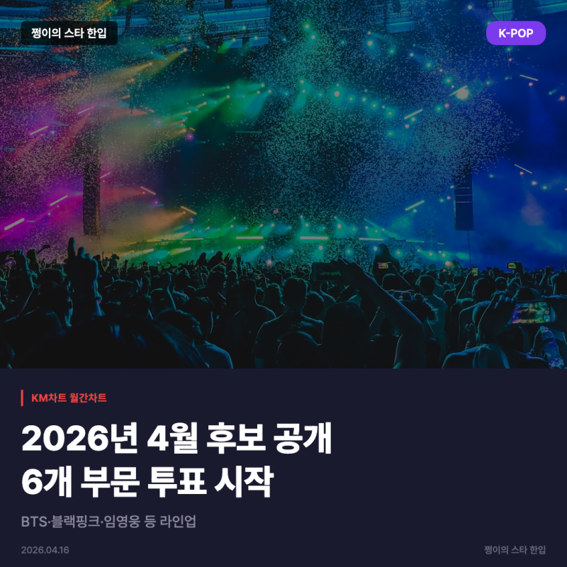 KM차트 2026년 4월 월간차트, BTS·블랙핑크·임영웅 6개 부문 투표 시작