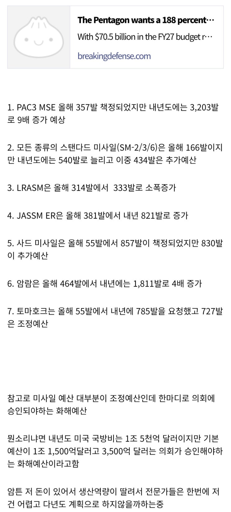  내년도 미군 미사일 도입 수량