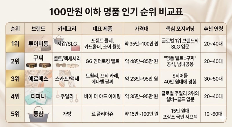 100만원 이하 명품 인기 순위 Top 5 | 명품 입문자가 가장 많이 찾는 합리적 명품 (루이비통·구....