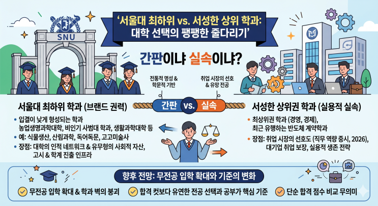  간판이냐 실속이냐? 서울대 최하위권 학과와 서성한 상위권의 팽팽한 줄다리기 분석