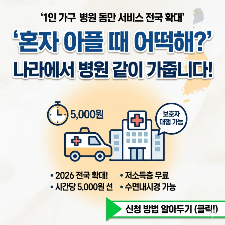  2026 1인가구 병원동행 전국 확대, 아픈 1인가구 지원 서비스 신청 방법