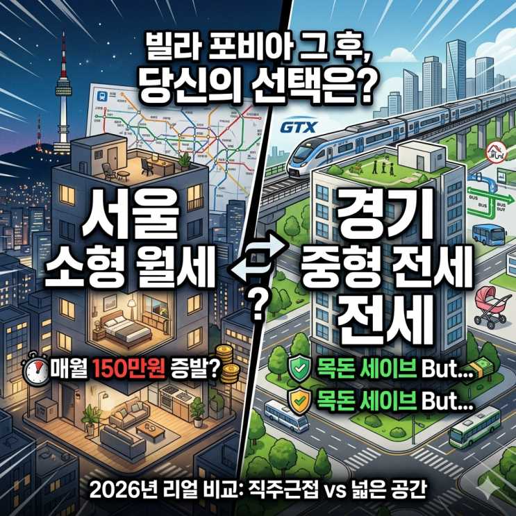  빌라 포비아 그 후 2026년, 서울 소형 아파트 월세 vs 경기권 중형 아파트 전세 현실 비교