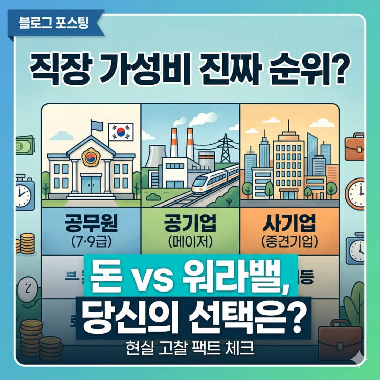  직장인 현실 고찰: 7·9급 공무원, 메이저 공기업, 사기업(중견기업) 가성비 직장 순위 비교