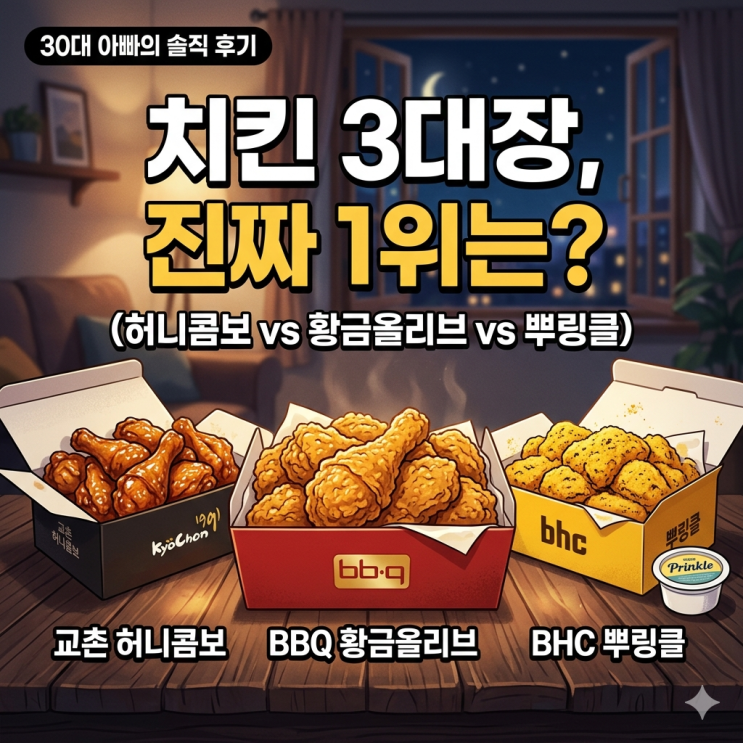  [프랜차이즈 치킨 순위] 교촌 허니콤보 vs BBQ 황금올리브 vs BHC 뿌링클, 30대 아빠의 현실 비교 후기