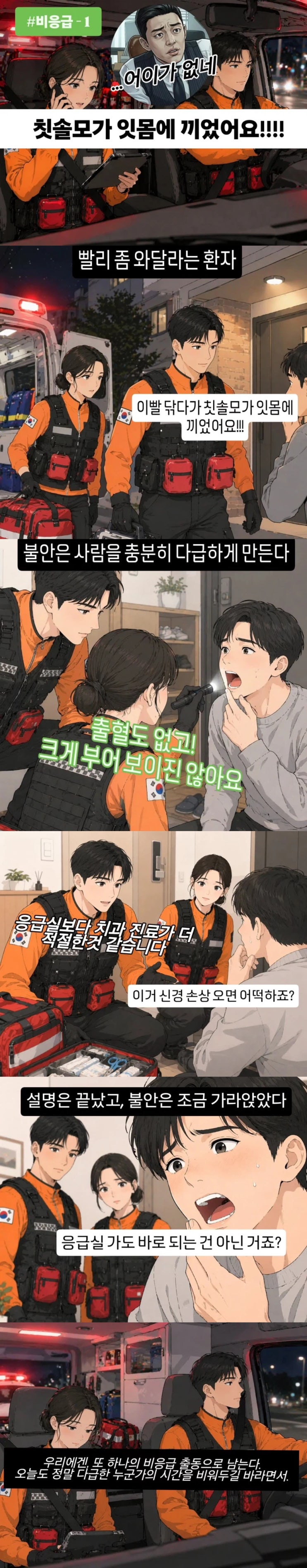 칫솔모가 잇몸에 끼었으니 119 빨리 좀 출동해달라는 환자.manhwa