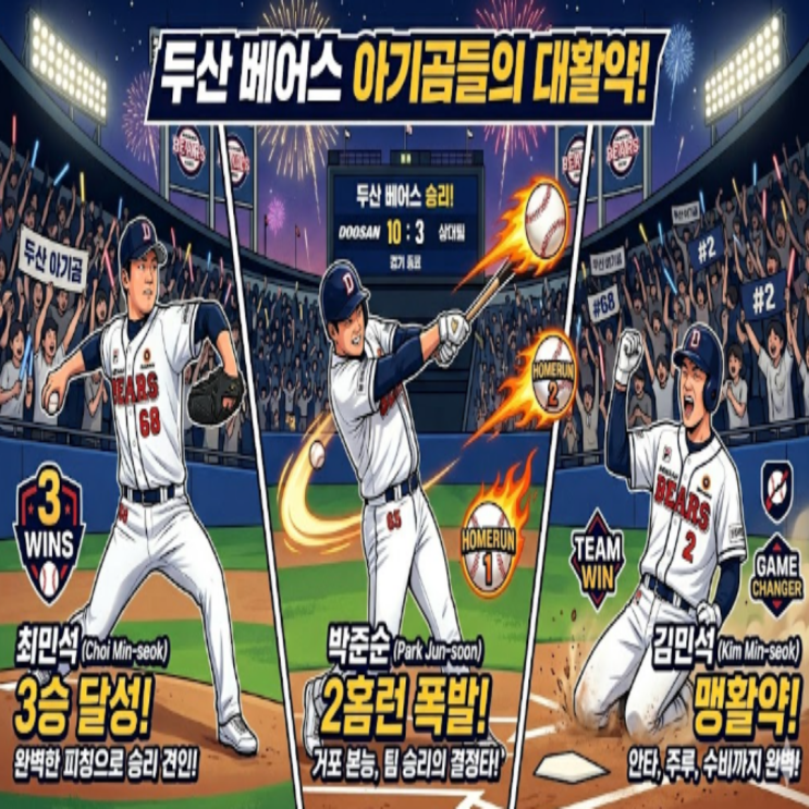 두산 최민석-박준순-김민석까지 아기곰들이 무럭무럭 자라고 있다!! 시즌 첫 위닝시리즈 성공한 두산은 이제 고액연봉 선배님들이 더 열심히 해야겠죠??