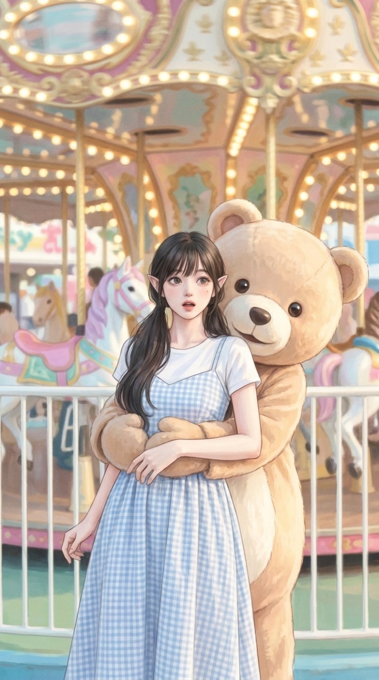  놀이동산에 간 엘프 소녀 일러스트