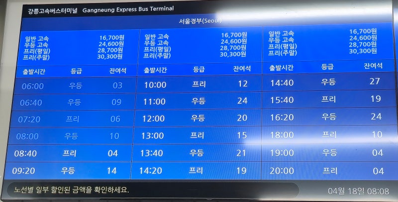 Gangneung Express Bus Terminal Bus Timetable (April 18, 2026)