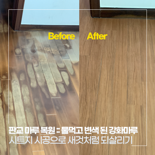 [판교 마루 복원] 물먹고 변색된 강화마루, 시트지 시공으로 새것처럼 되살리기