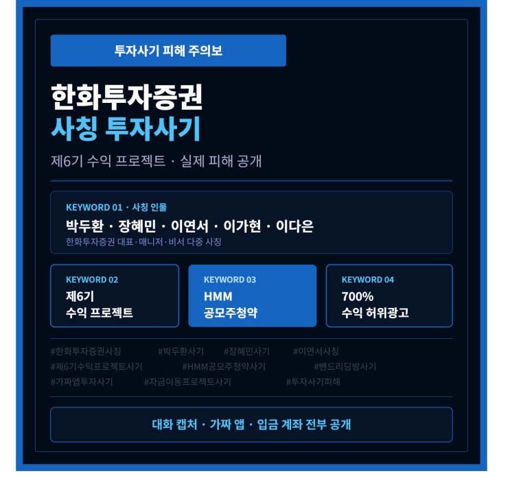  한화투자증권 사칭 박두환 대표·장혜민·이연서·이가현 비서– 제7기 수익 프로젝트·HMM공모주청약 미끼로 수천만 원 편취한 실제 피해 사례