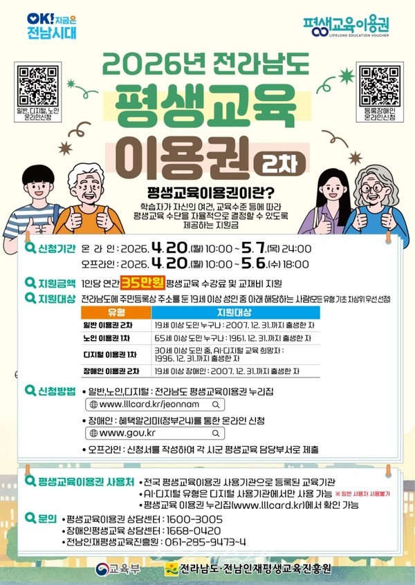  순천시, ‘2026년 전남도 평생교육이용권’ 2차 접수 시작…최대 35만 원 지원